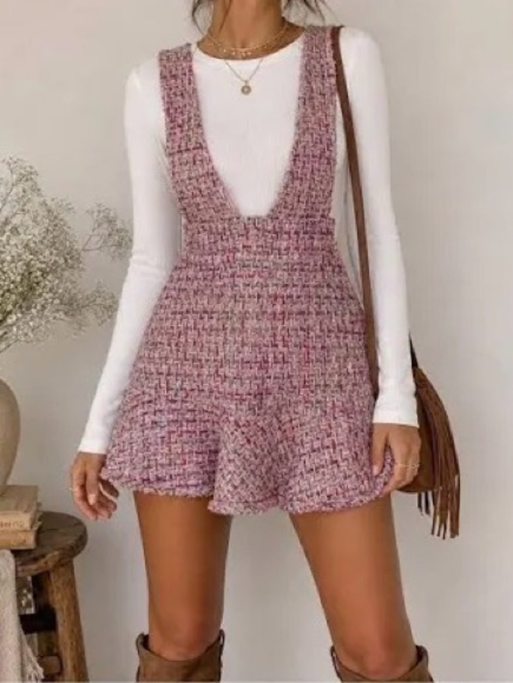 Pink Tweed Dress with Deep V - Women's Stylish Layering Piece